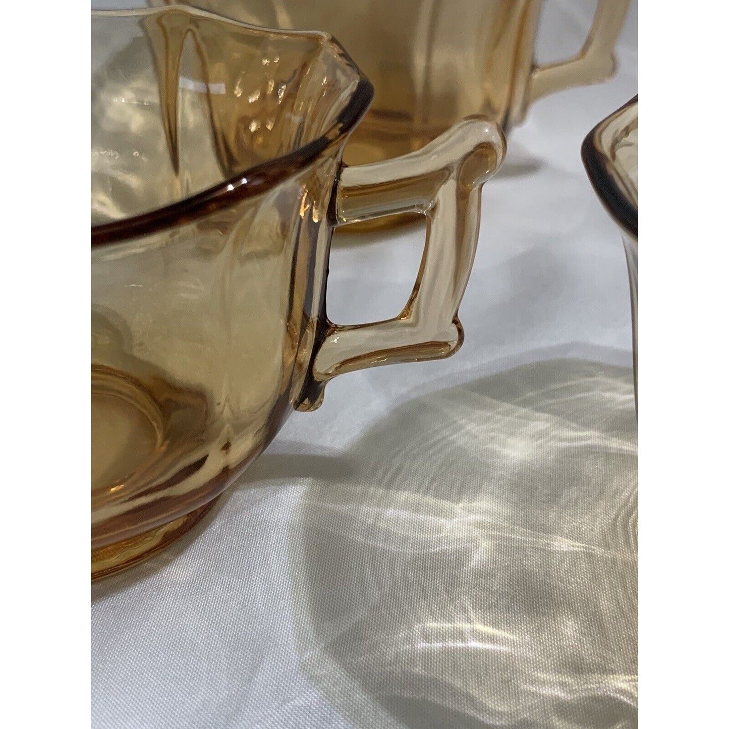 Cambridge Decagon Set of 8 Amber Glass Cups & Saucers Signed Great Condition