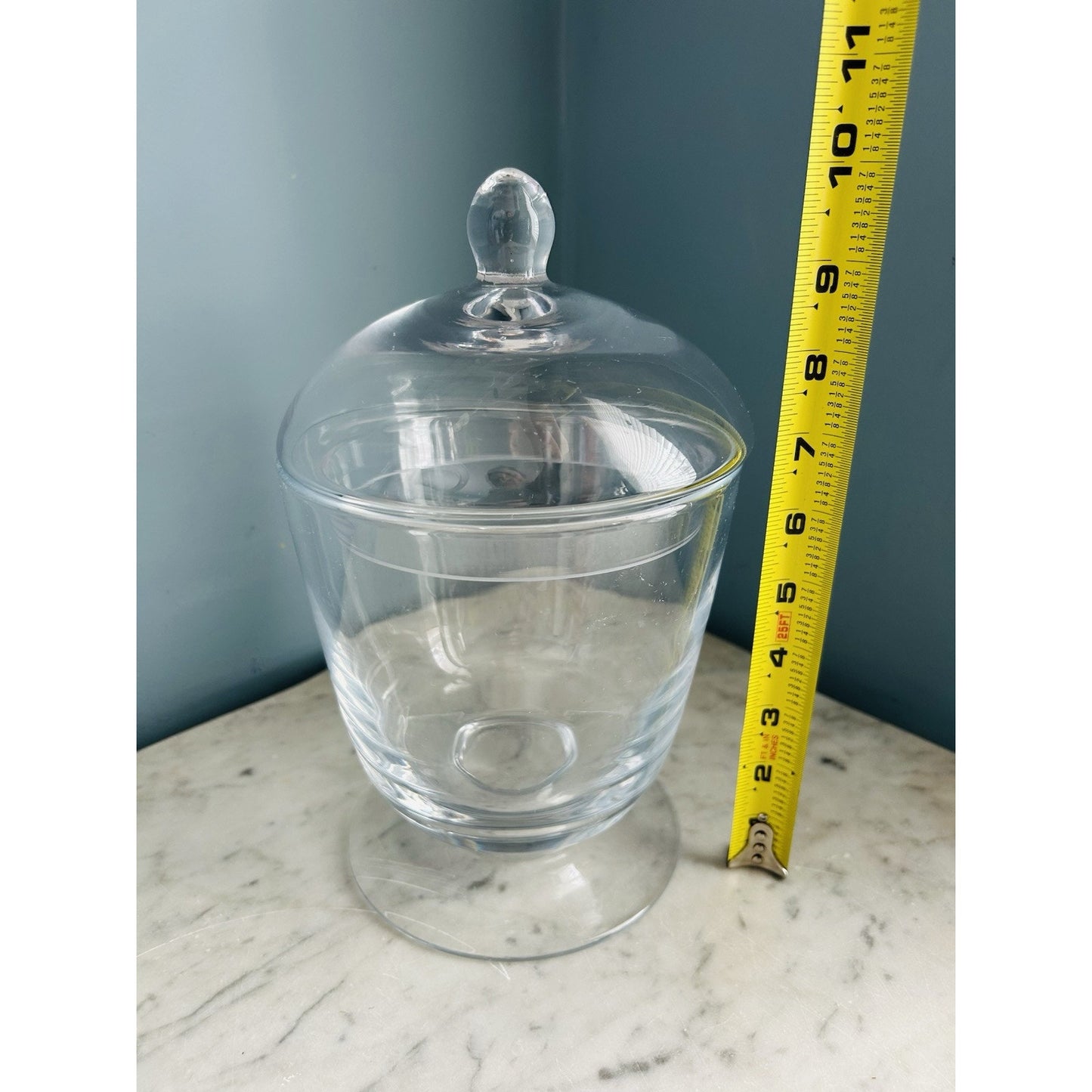 Apothecary Jar 10” Tall Clear Glass Footed Base Stem w/ Lid Top Heavy Solid