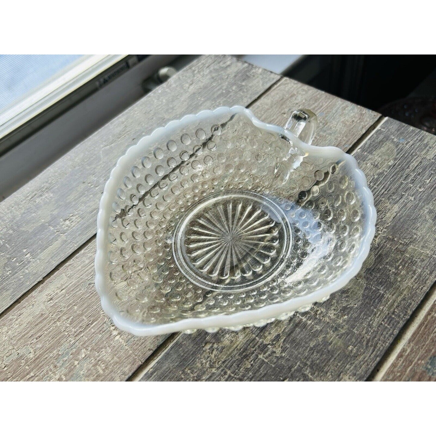 Vintage Hobnail Opalescent Edge Heart shaped Bowl Dish White Trim Moonstone