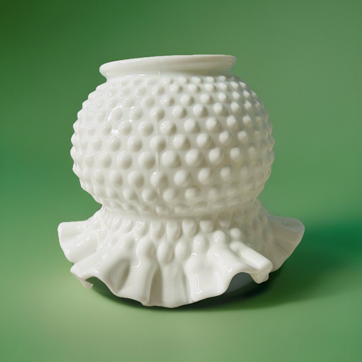 Vintage Fenton 6” Tall White Milk Glass Ruffled Edge Hobnail Bouquet Vase Bowl