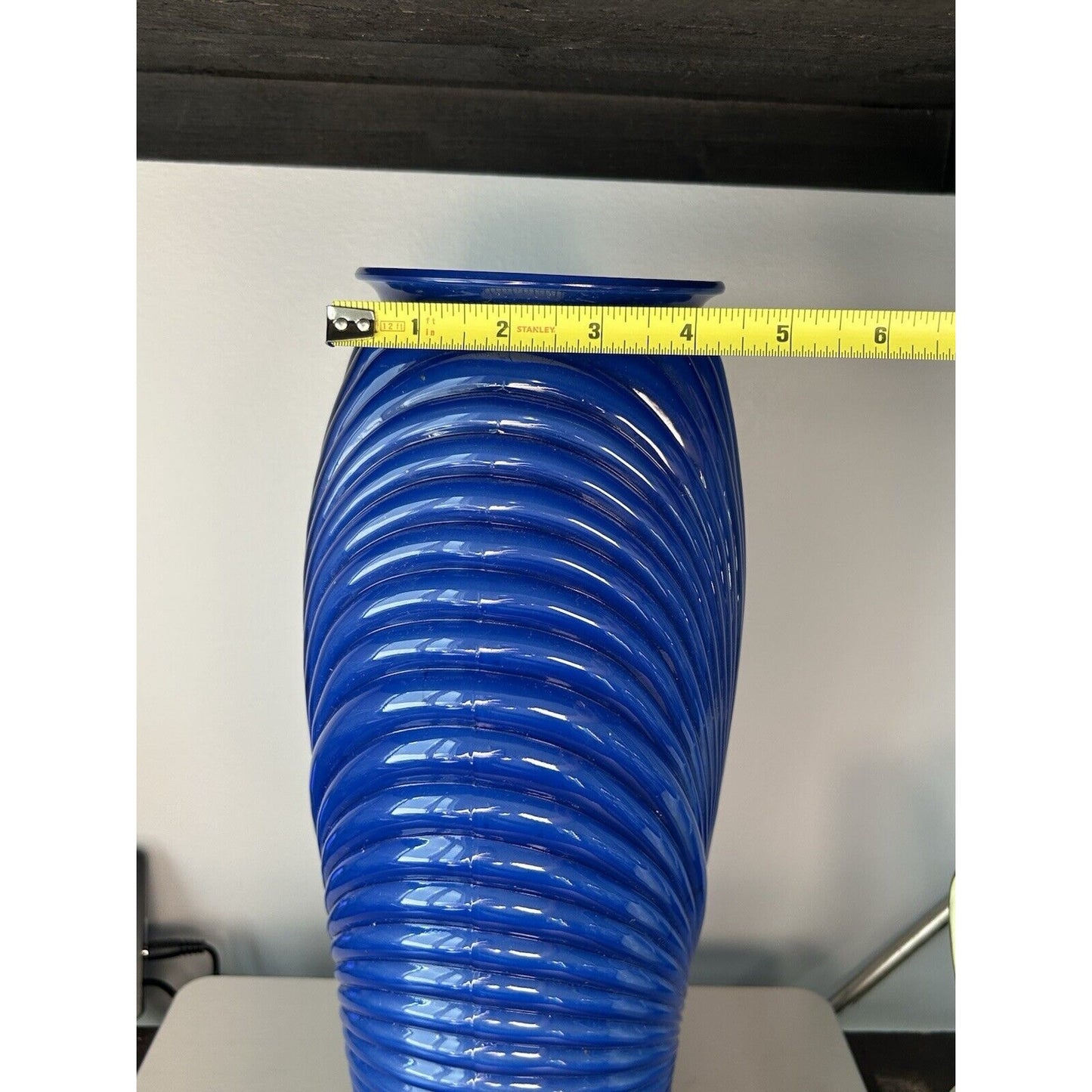 Art Deco Draped Ribbed Pleated Royal Cobalt Blue Glass Vase Vintage Iridescent