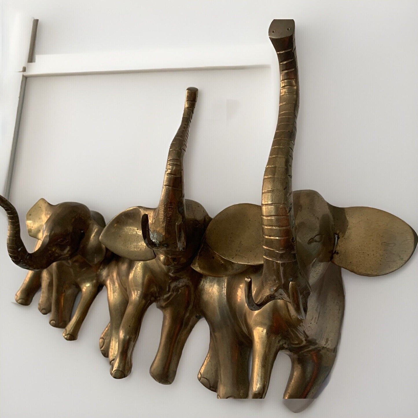 Vintage 19” 3 Elephants Trunk Up Brass Metal Wall Hanging Art Large Patina