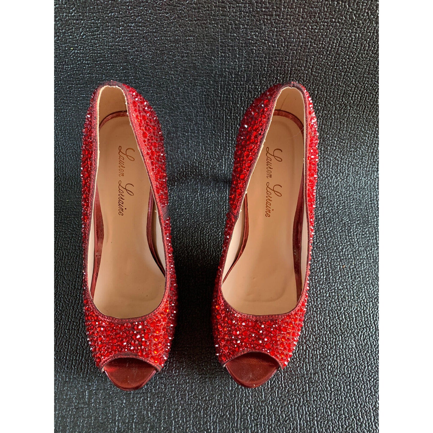 Lauren Lorraine Women's Bejewel Candy Red Heel Peep Toe Shoes Size 7