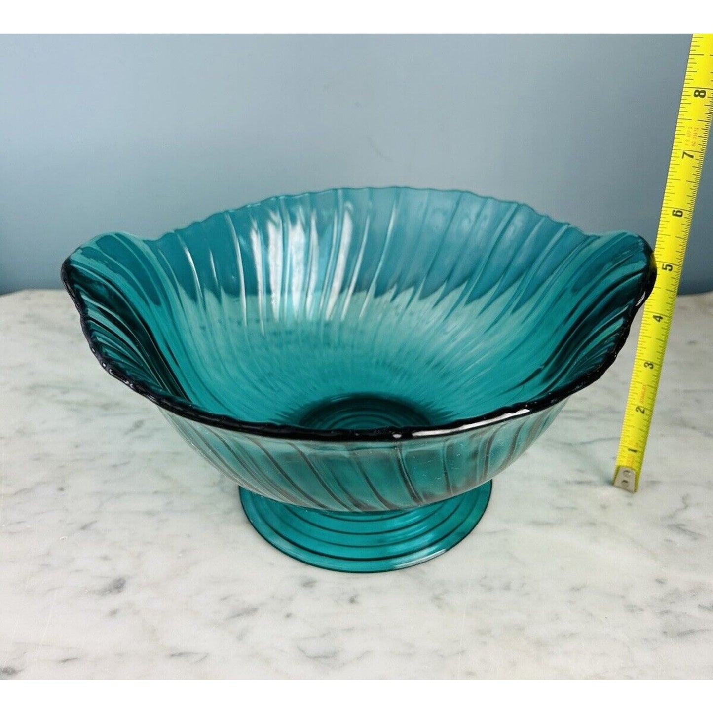 Vintage Jeannette Swirl Ultramarine Green Handled Glass Serving Bowl 10” W