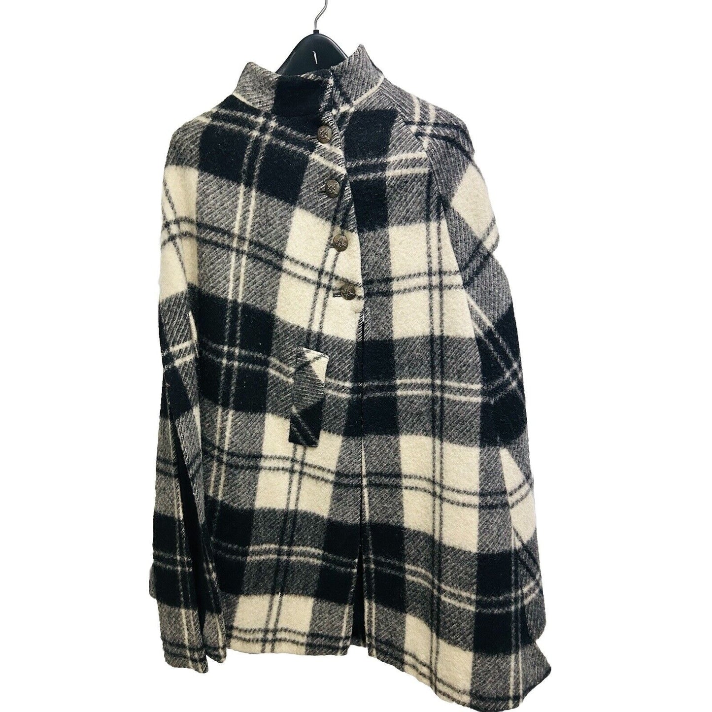 Vintage Boru Jimmy Hourihan Dublin Wool Cape Heavy Winter Coat Black Cream Plaid