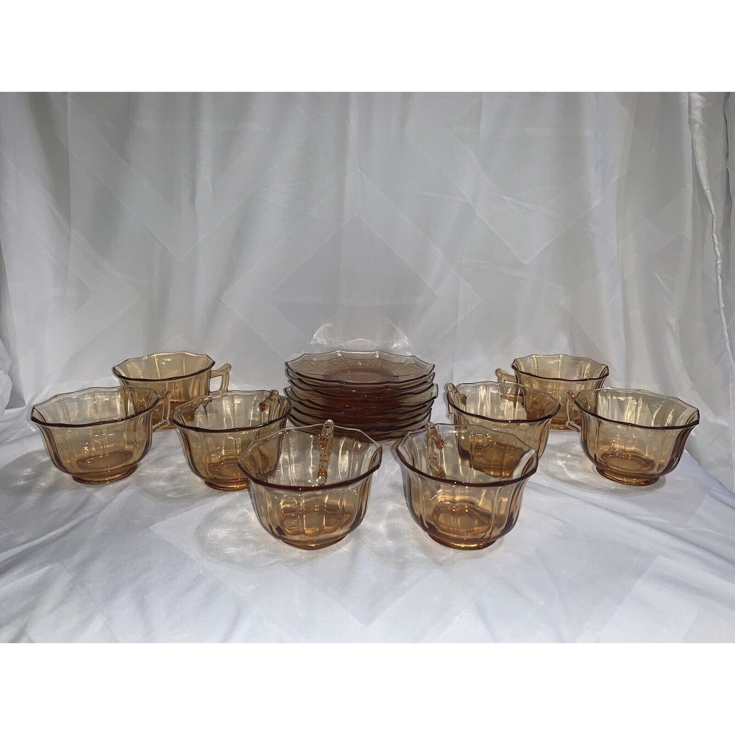 Cambridge Decagon Set of 8 Amber Glass Cups & Saucers Signed Great Condition