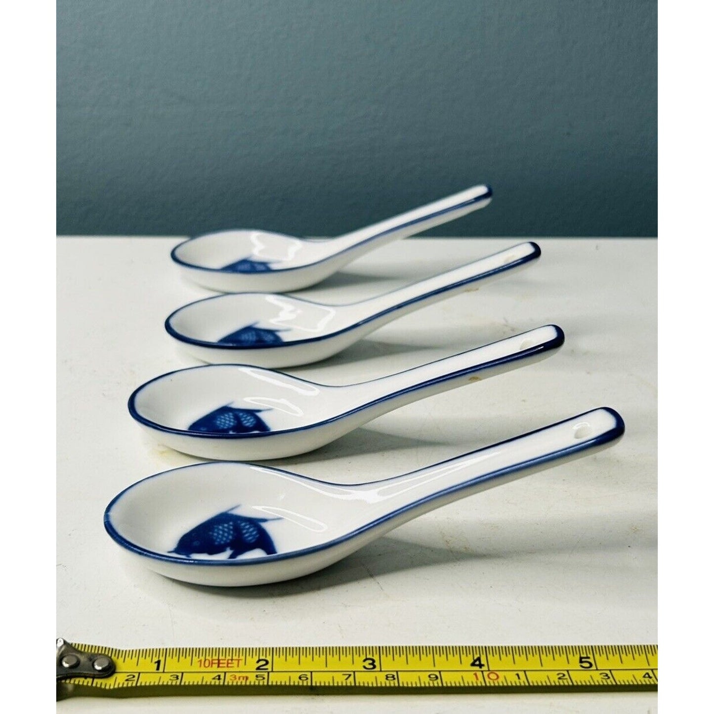 4 Misty Rose Koi Fish Soup Spoons Ladles Porcelain Blue Super White China Fish