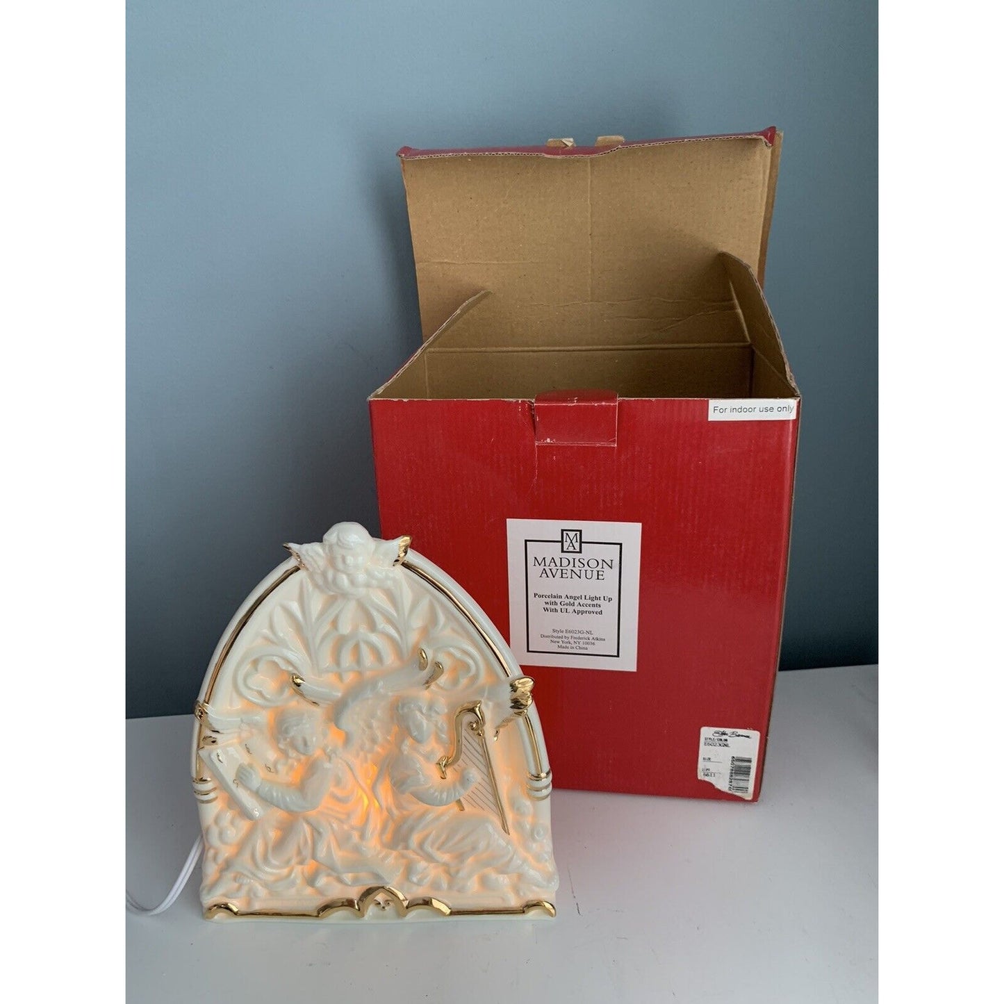 NIB Madison Avenue Porcelain Angel Light Up Gold Accents New Christmas Decor