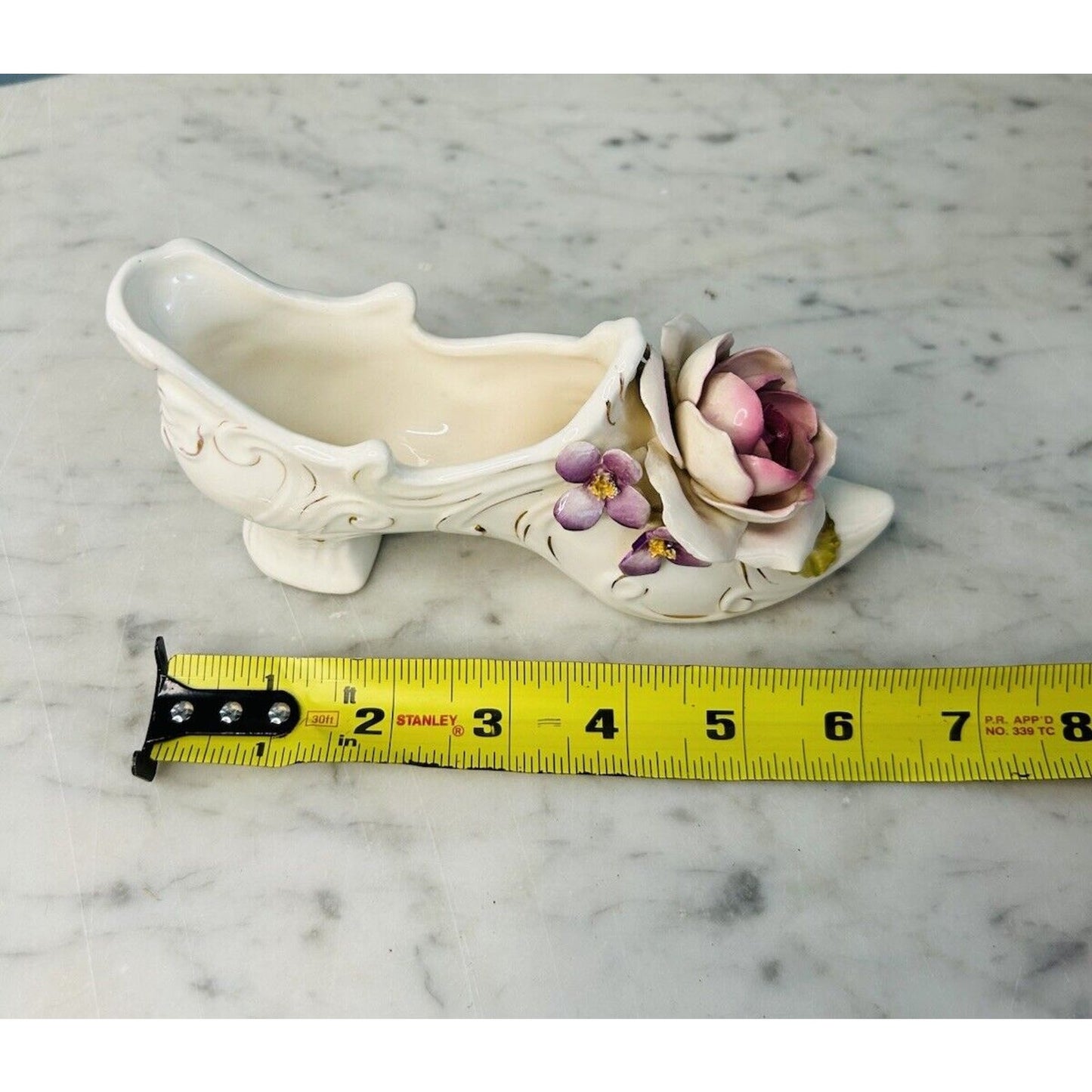 Vintage Vee Jackson 6” Long Ceramic Shoe Pink Rose Purple Flowers Gold Trim