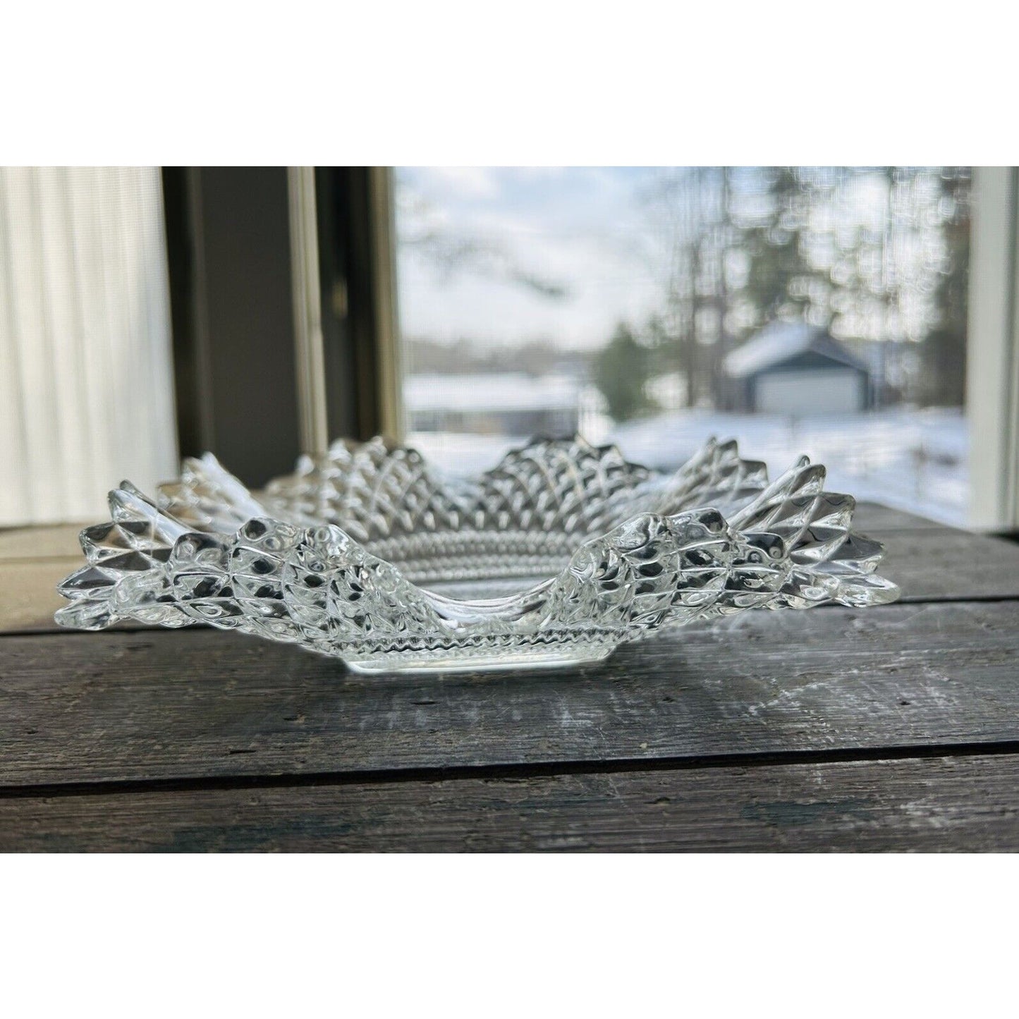 Indiana Glass Clear Depression Glass Square Ruffled Diamond Point 7" Dish Vintag