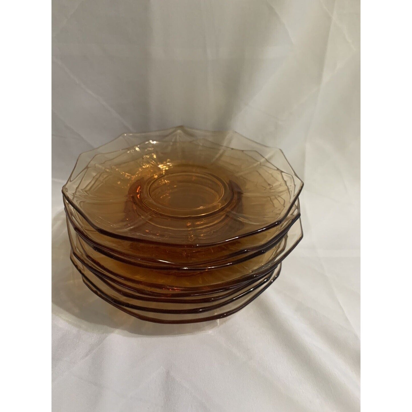 Cambridge Decagon Set of 8 Amber Glass Cups & Saucers Signed Great Condition