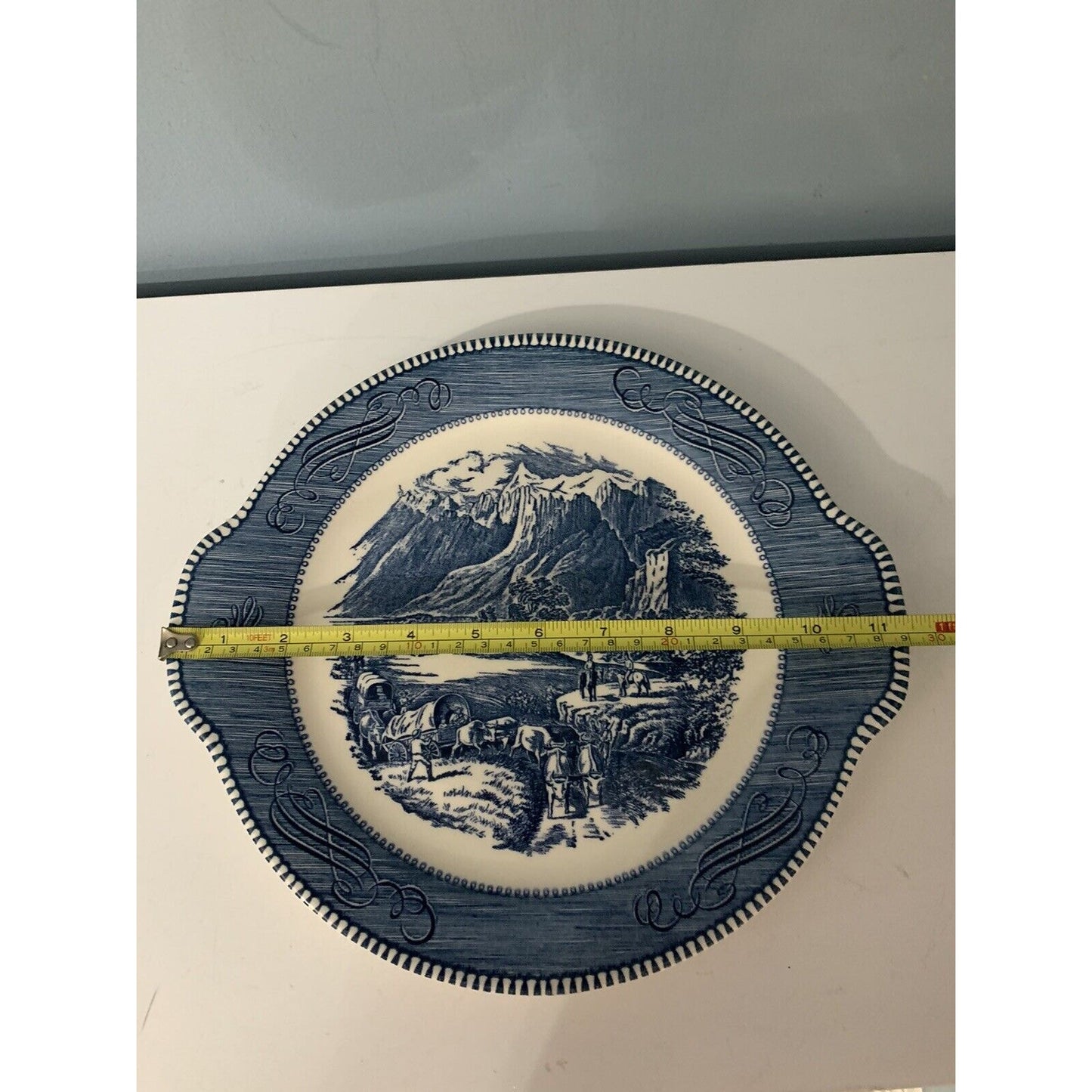 Currier & Ives Cake Plate Blue White Royal The Rocky Mountains Underglaze Print