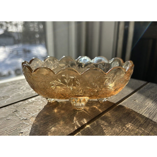 Vintage Iridescent Indiana Carnival Glass Dish Marigold Footed Oval Jewelry Dish