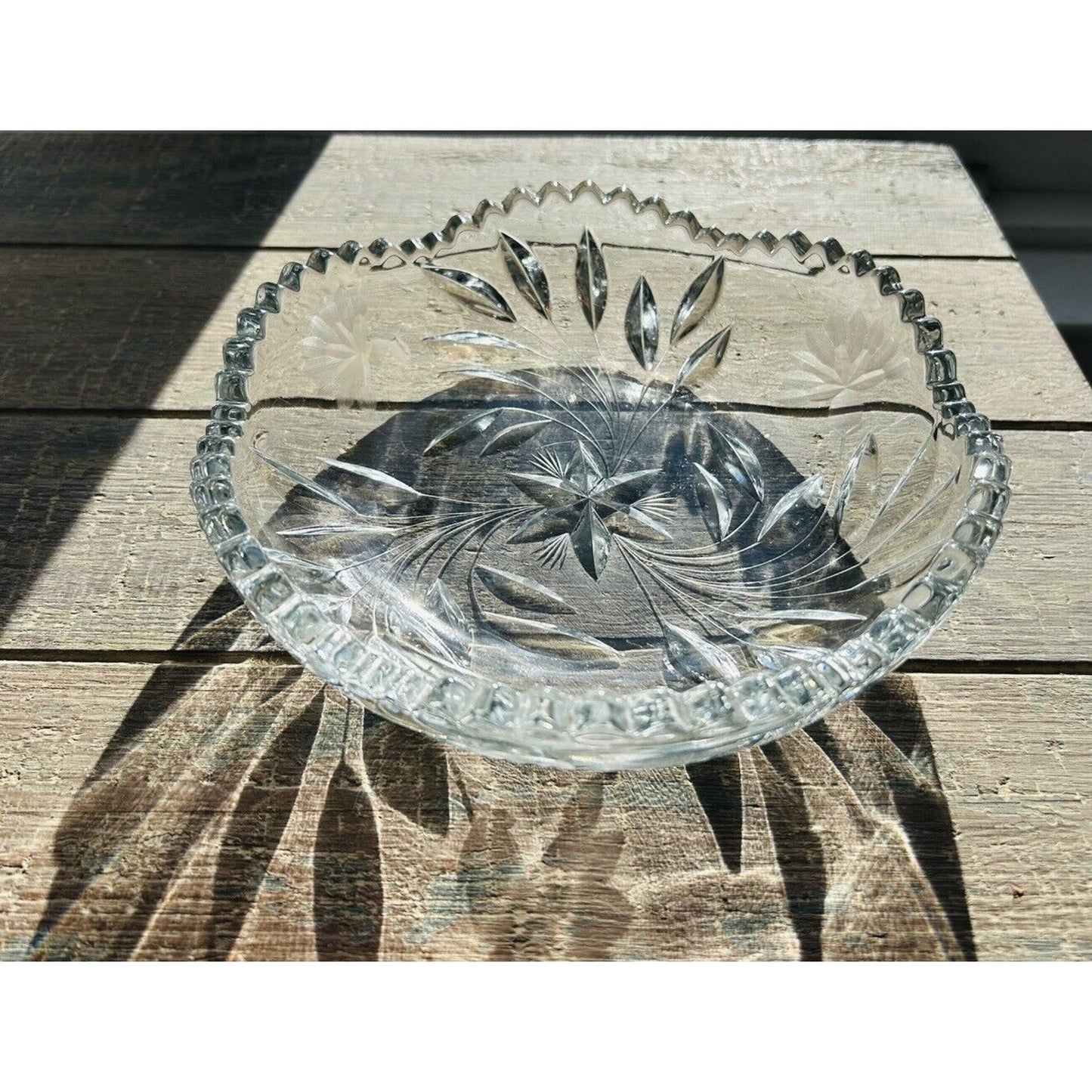 Antique Edwardian Crystal Etched Clear Cut Glass Bowl Dish Flowers 1900 - 1910s