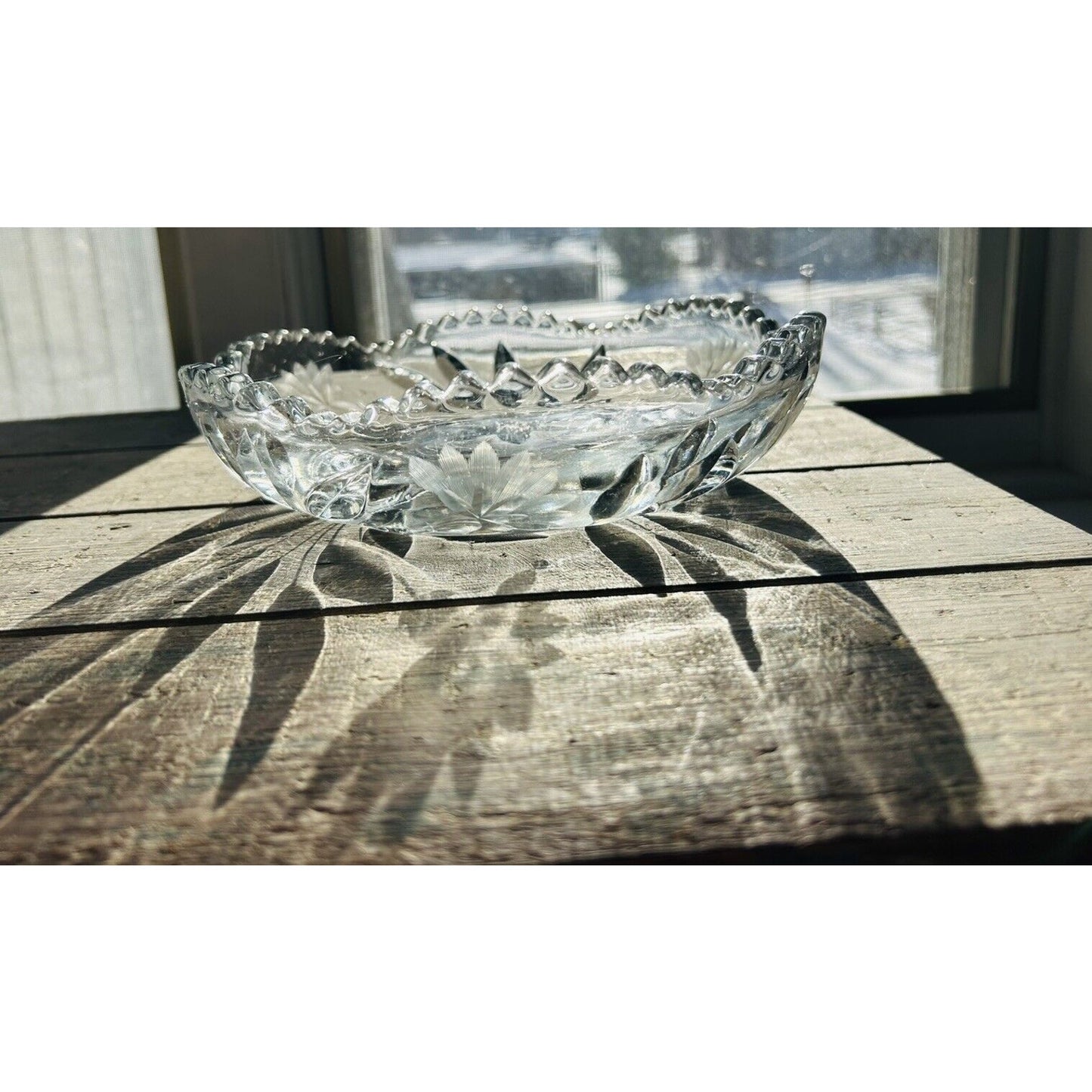 Antique Edwardian Crystal Etched Clear Cut Glass Bowl Dish Flowers 1900 - 1910s