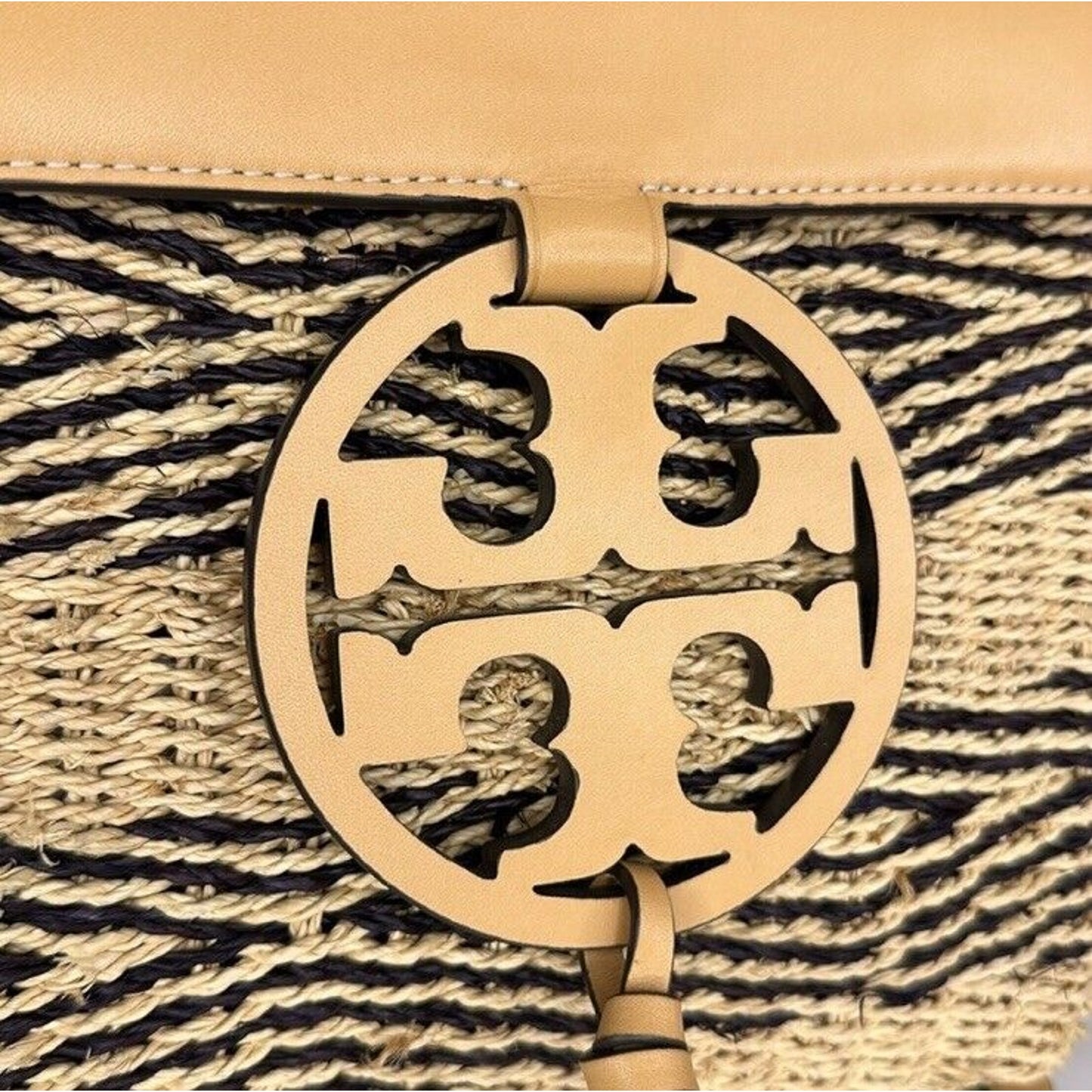 Tory Burch Miller Blue Stripe Woven Raffia Straw Leather Crossbody Bag 2304