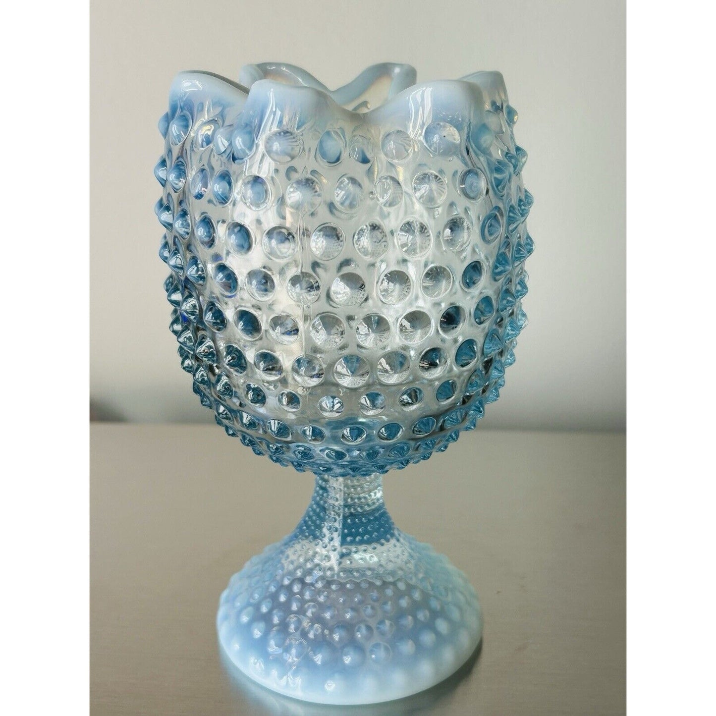 EUC Duncan Miller Blue Opalescent Glass Footed Hobnail Vase Ruffle Crimped