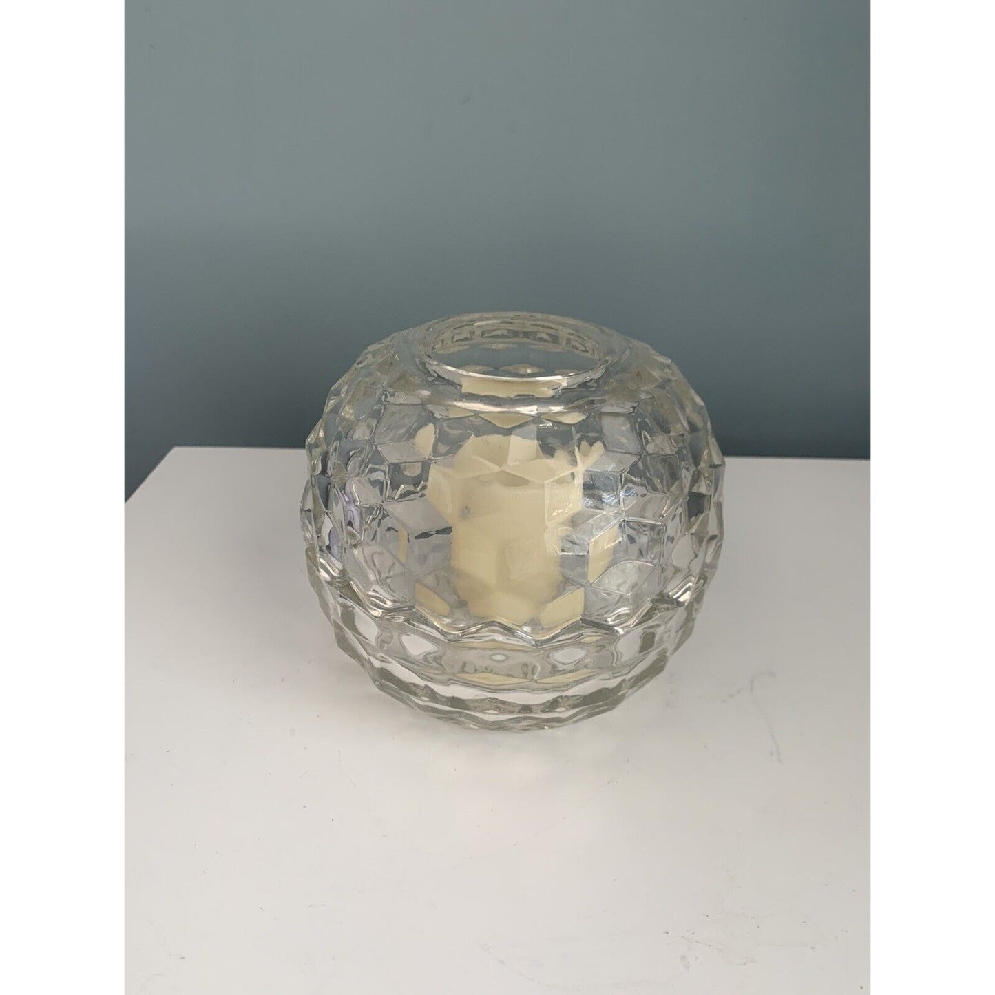 Vintage Homco Fostoria Fairy Lamp Diamond Light Clear Glass Round Candle Holder