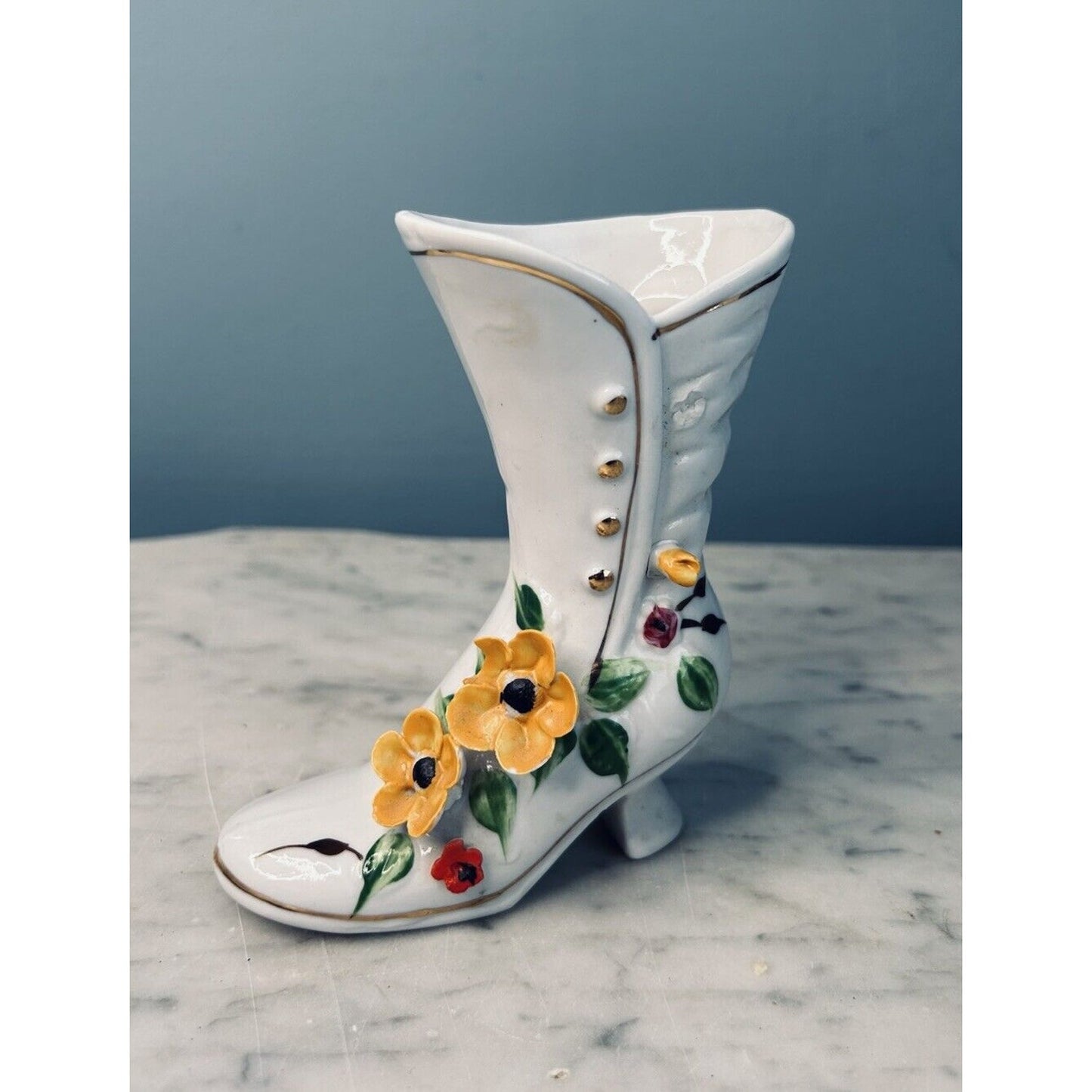 Vintage Porcelain Victorian Boot Vase White 3D Yellow Flowers Gold Accents Shoe