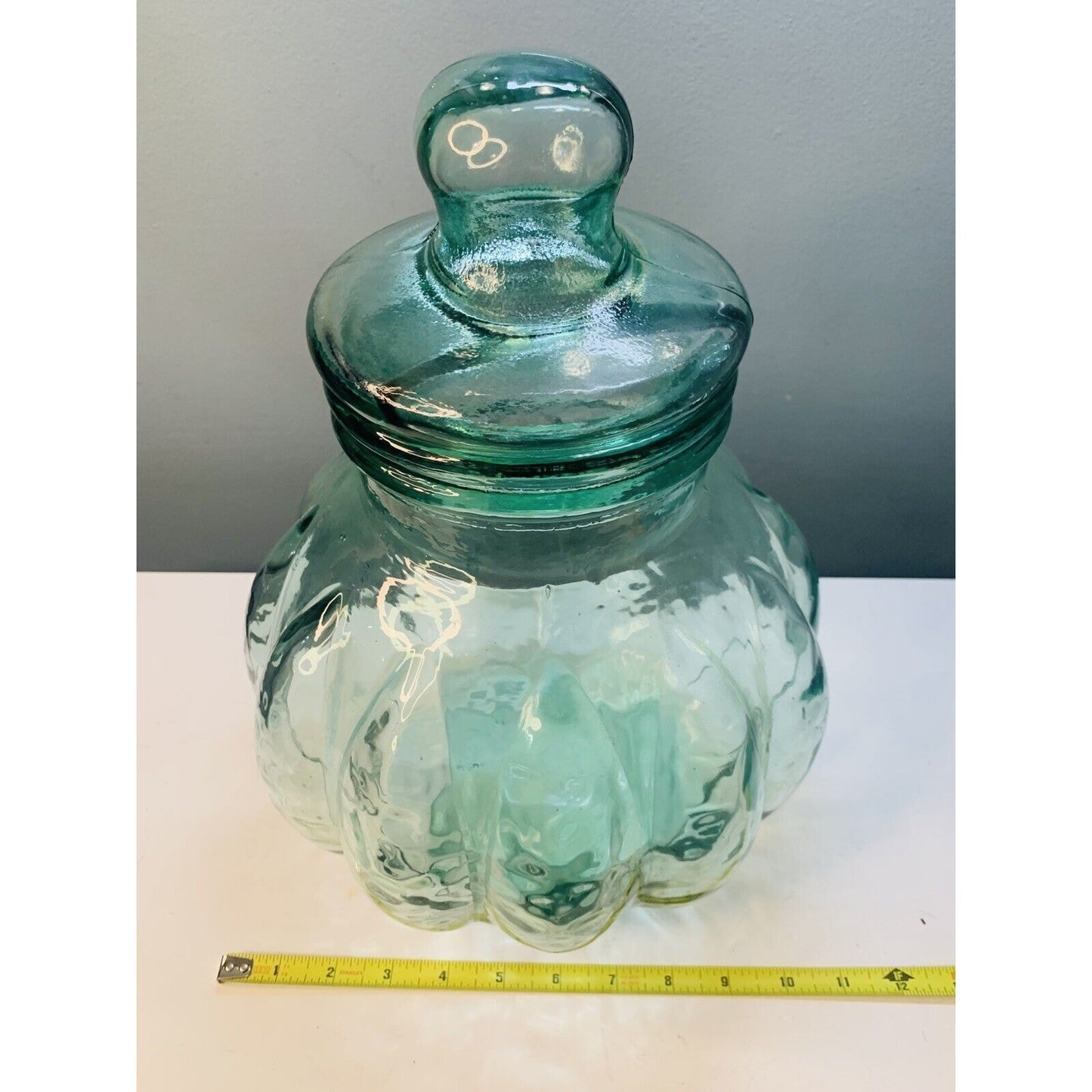 Green Glass Apothecary Jar 15” Tall Glass w/ Lid Melon Shaped Home Decor Large