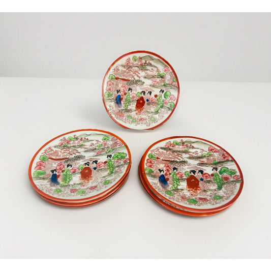 (8) Japanese Vintage Geisha Kutani Porcelain 6” Plates Small Plate Mountains