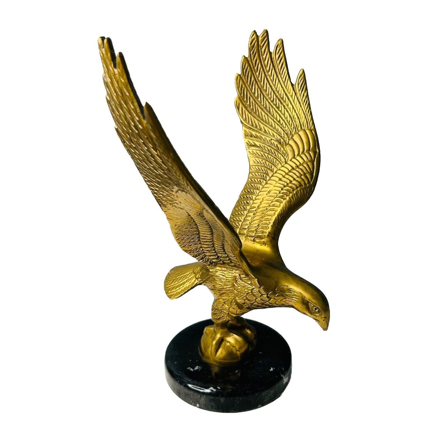 Vintage Solid Brass 10” American Bald Eagle Statue Flying Black Marble Base