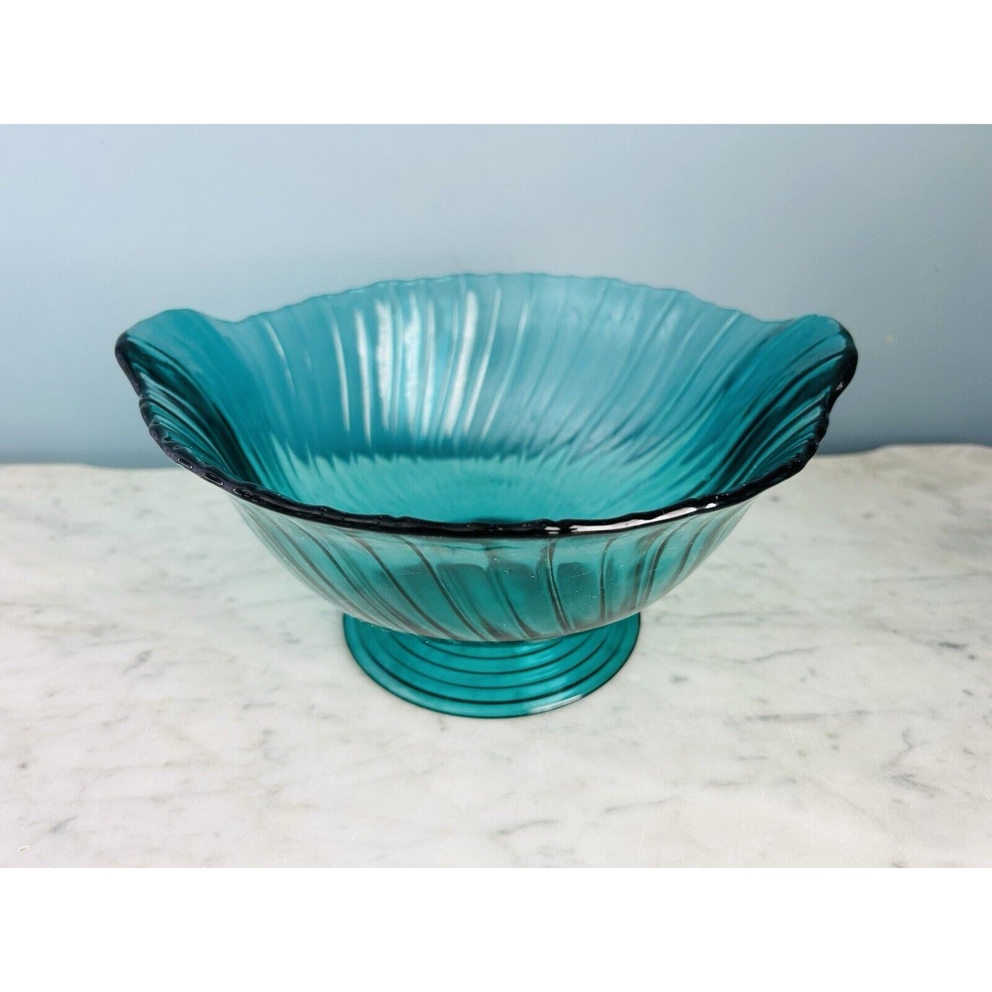 Vintage Jeannette Swirl Ultramarine Green Handled Glass Serving Bowl 10” W