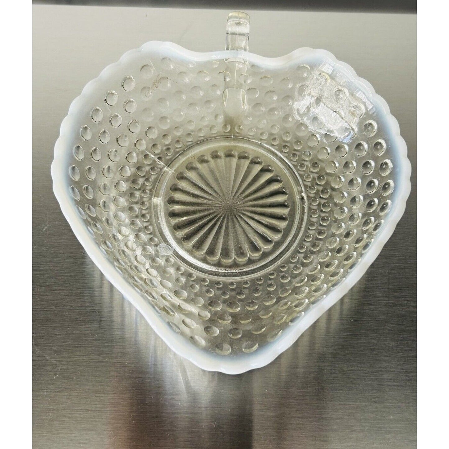 Heart Serving Dish Anchor Hocking Moonstone Opalescent Hobnail Ruffle Rim Handle