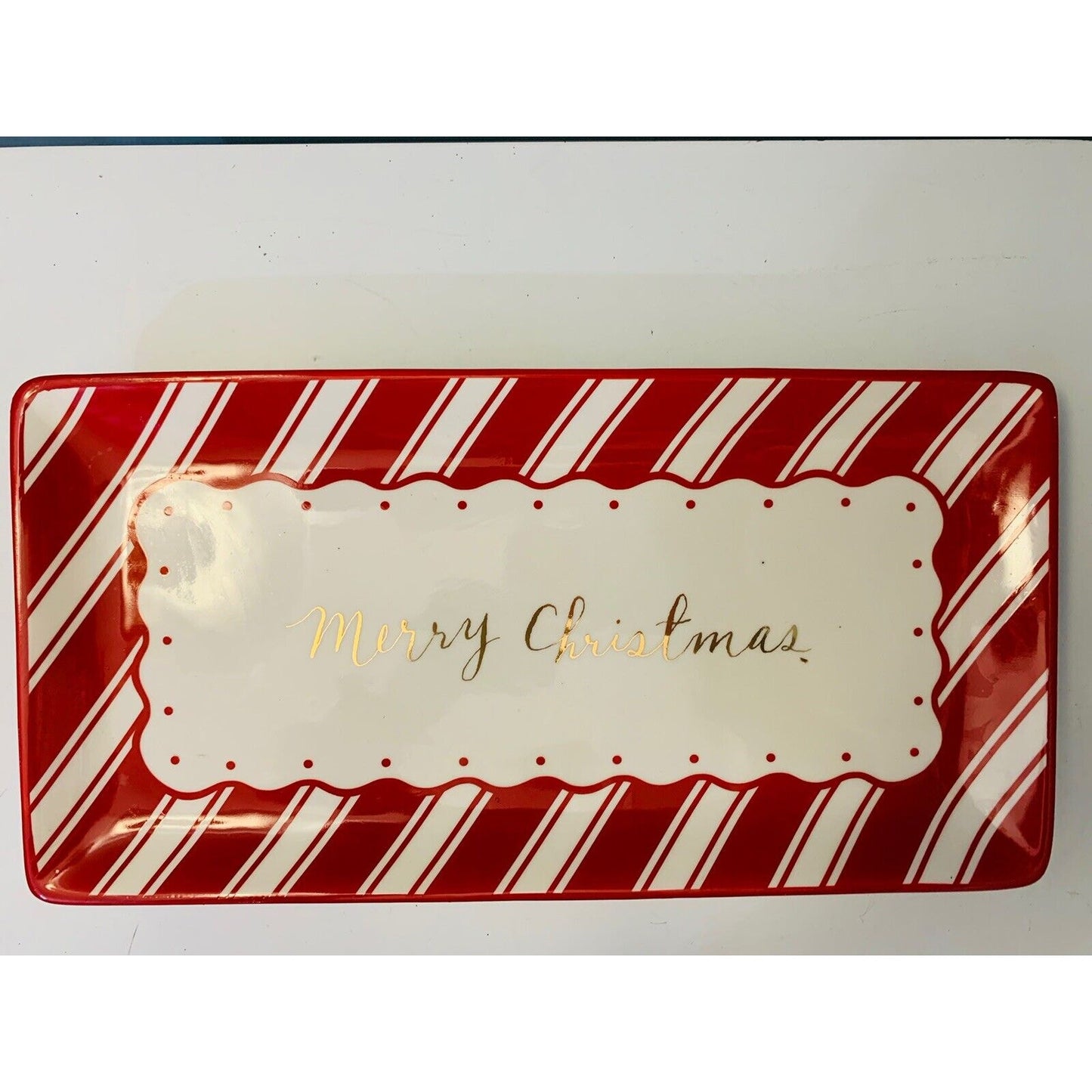 New Terramoto ‘Merry Christmas’ Set of 2 Ceramic Serving Trays Red White Gold