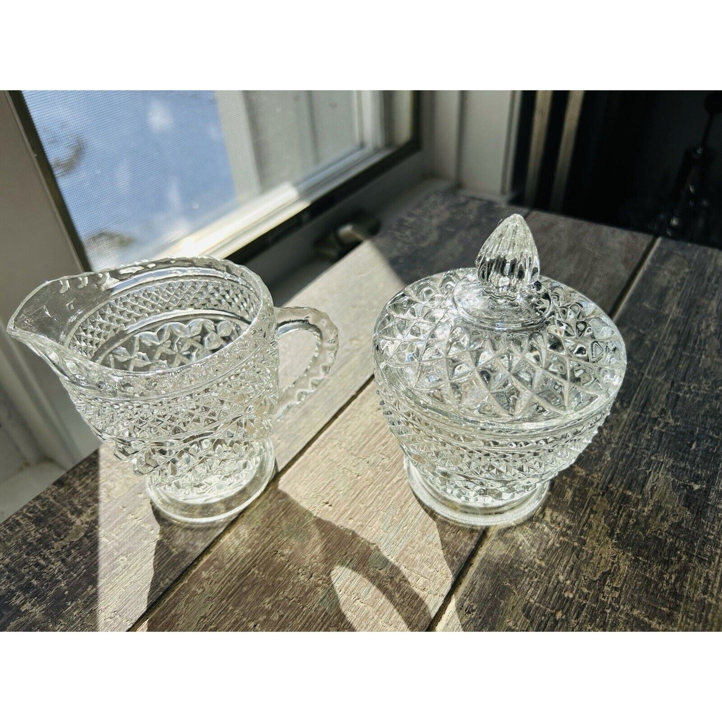 Anchor Hocking Wexford Crystal Clear Cut Glass Cream & Sugar Set Vintage