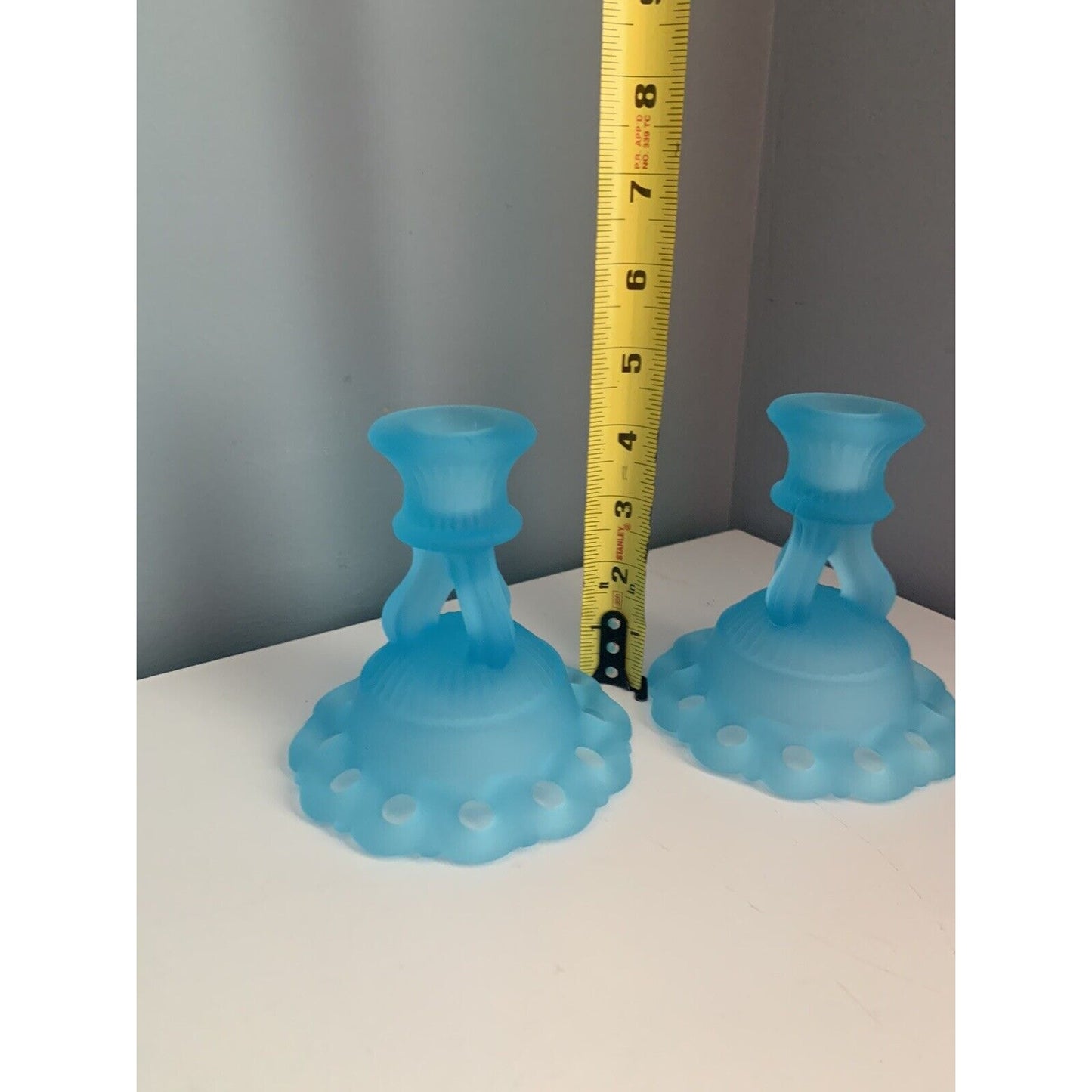 Vintage Westmoreland Light Blue Glass 2 Candlestick Candle Holders 4 1/2" Lace