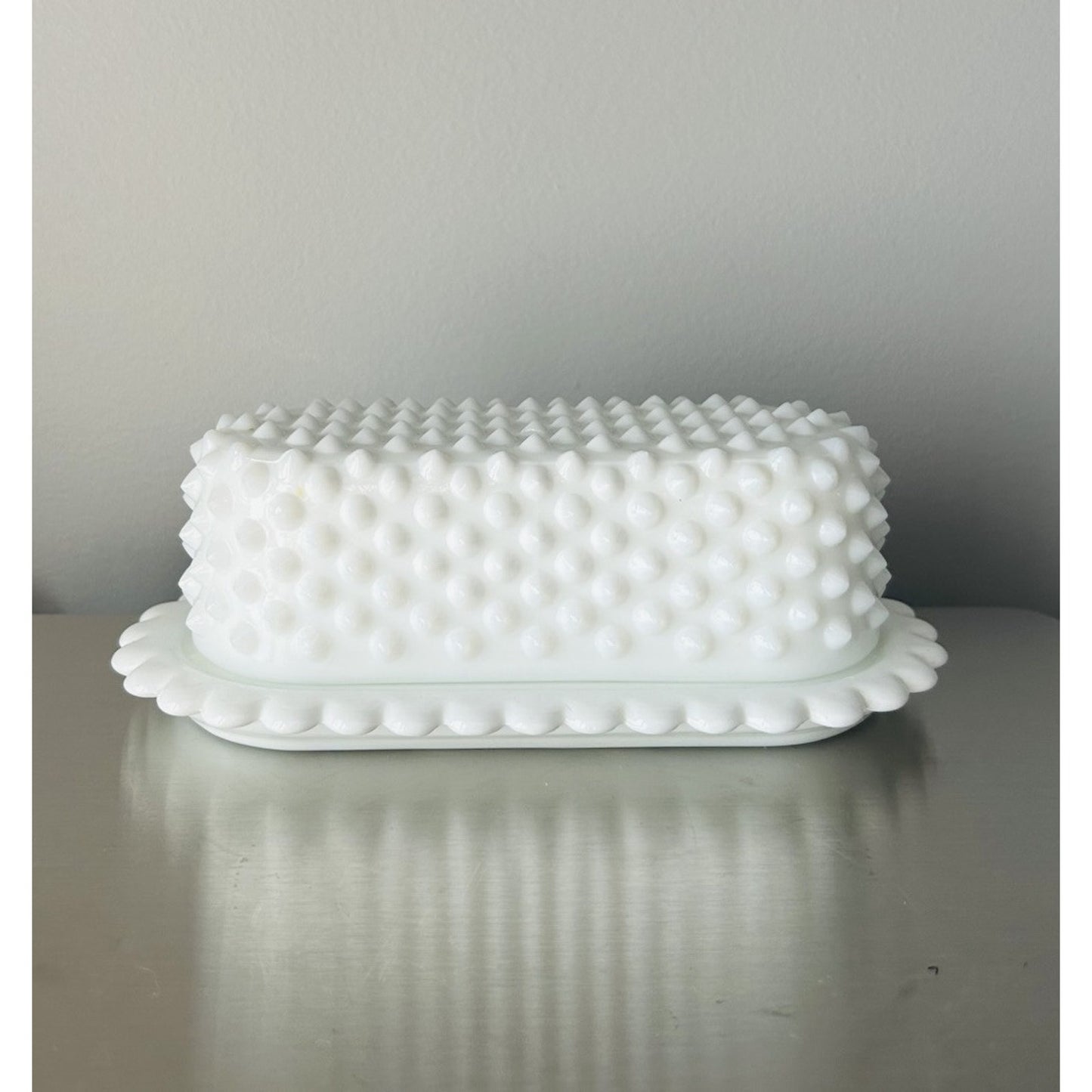 Vintage Fenton Covered Butter Dish Milk Glass English Hobnail Scalloped Edge