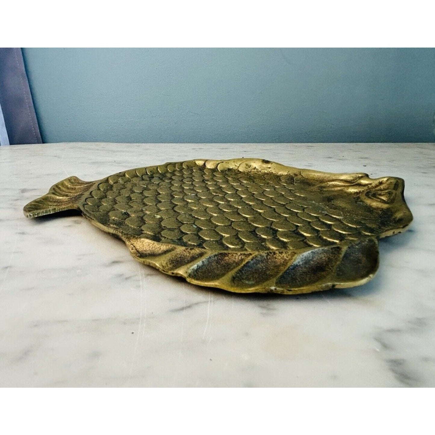 Vintage Brass Fish Shaped Trinket Dish Small Plate 8.5” Length 3D Scales Patina