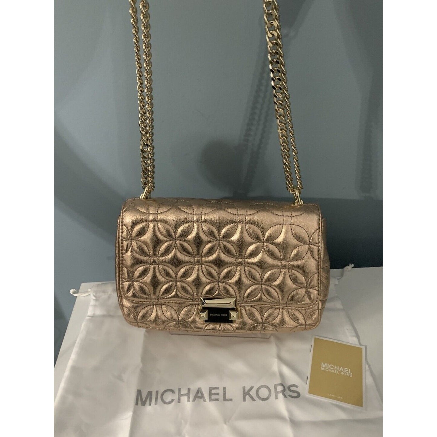 New Michael Kors Sloan Gold Chain Quilted Leather Shoulder Bag Rose Gold Shiny