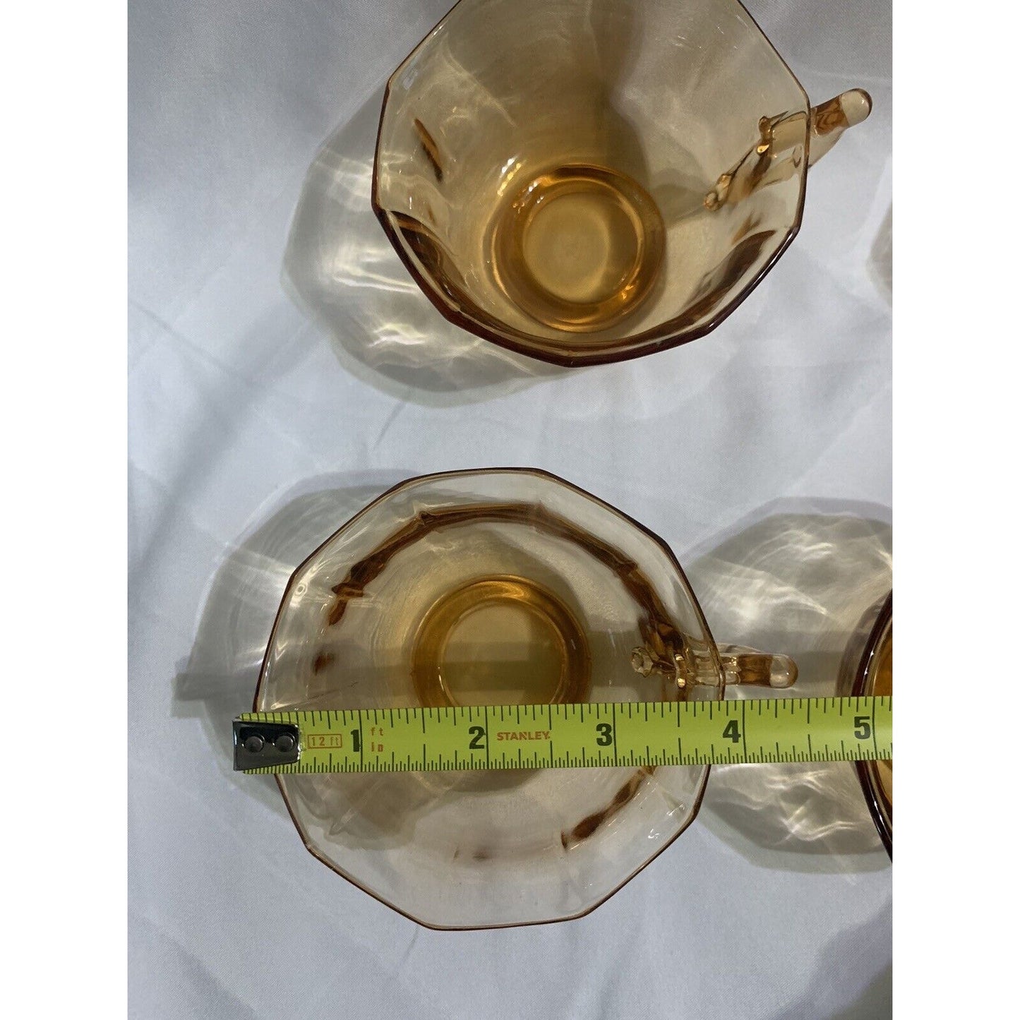 Cambridge Decagon Set of 8 Amber Glass Cups & Saucers Signed Great Condition