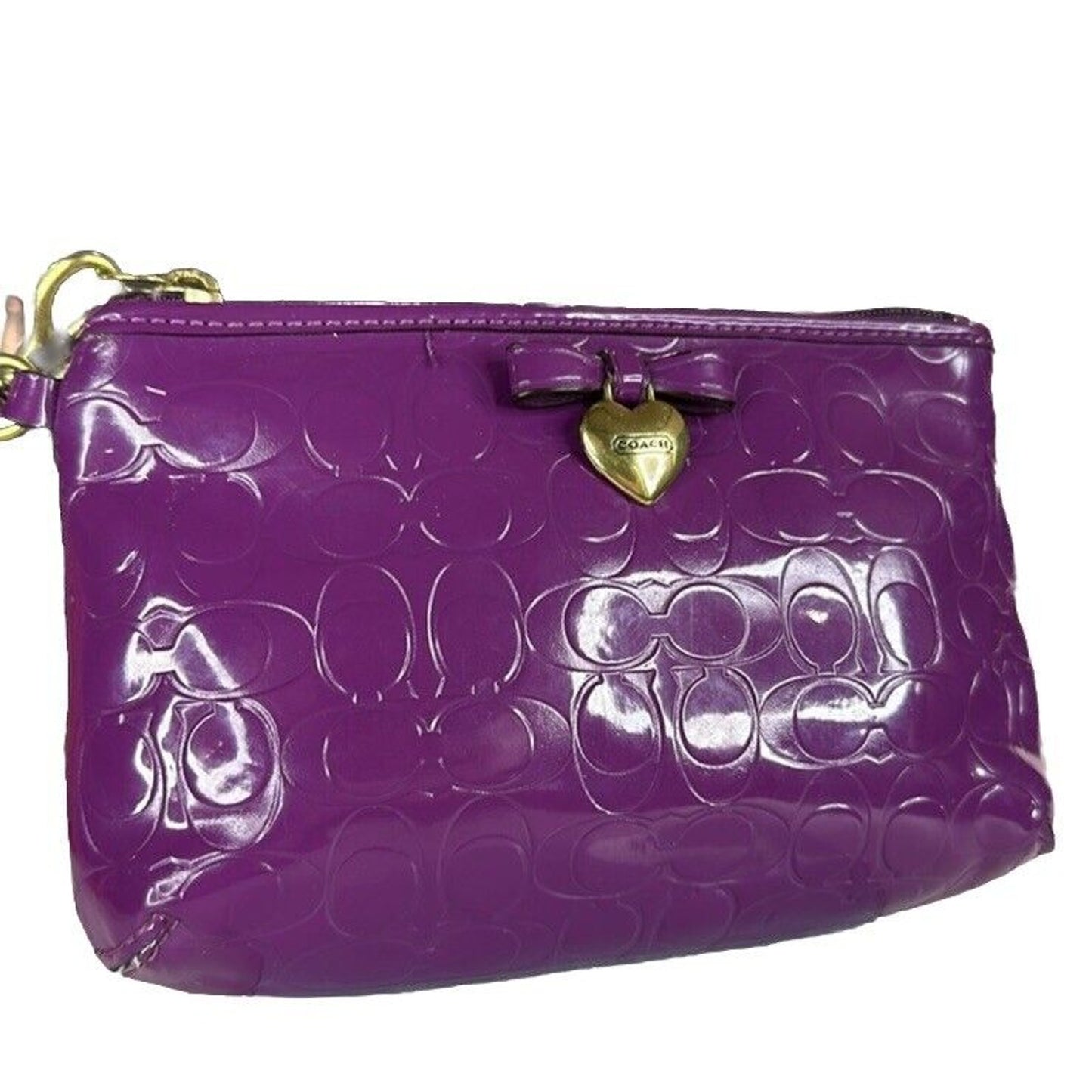 Coach Purple Wristlet Wallet Embossed Clutch Glossy Patent Leather EUC Heart