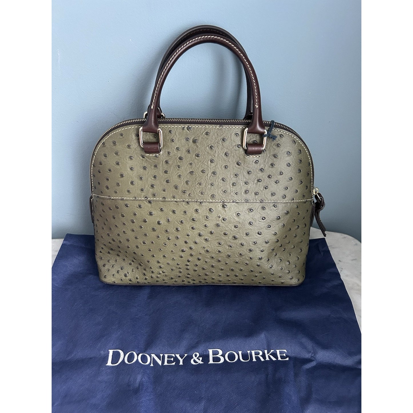 NWT Dooney & Bourke Genuine Ostrich Leather Carter Satchel Olive Brown Dome COA