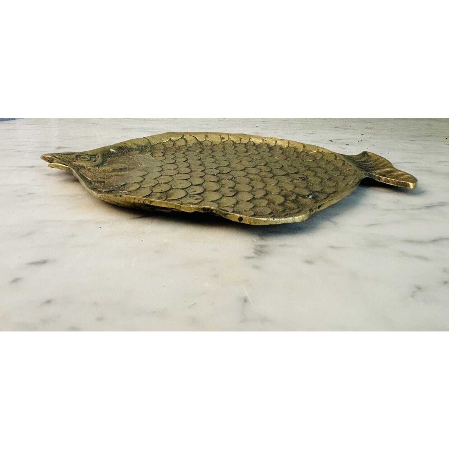 Vintage Brass Fish Shaped Trinket Dish Small Plate 8.5” Length 3D Scales Patina