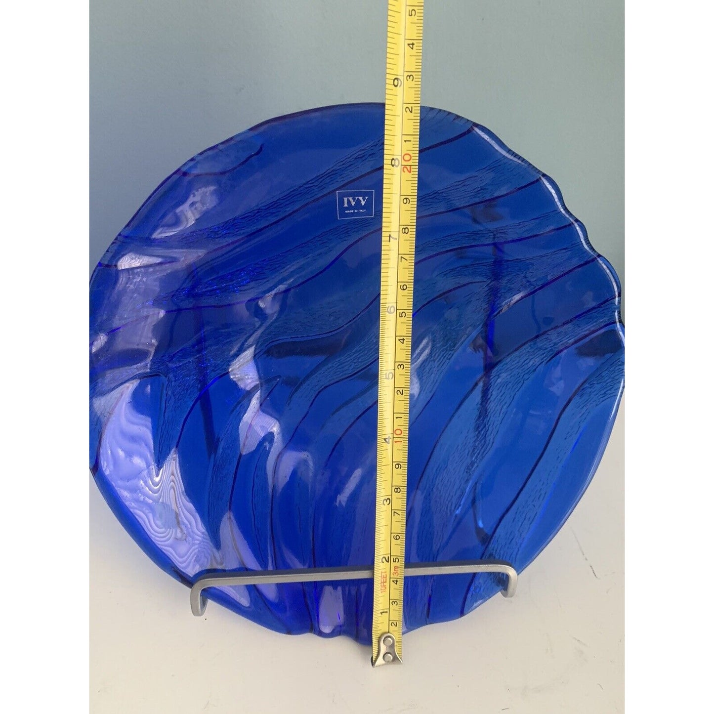 IVV Italy Cobalt Blue Glass Serving Bowl Textured Wave Pattern Vintage Art Deco