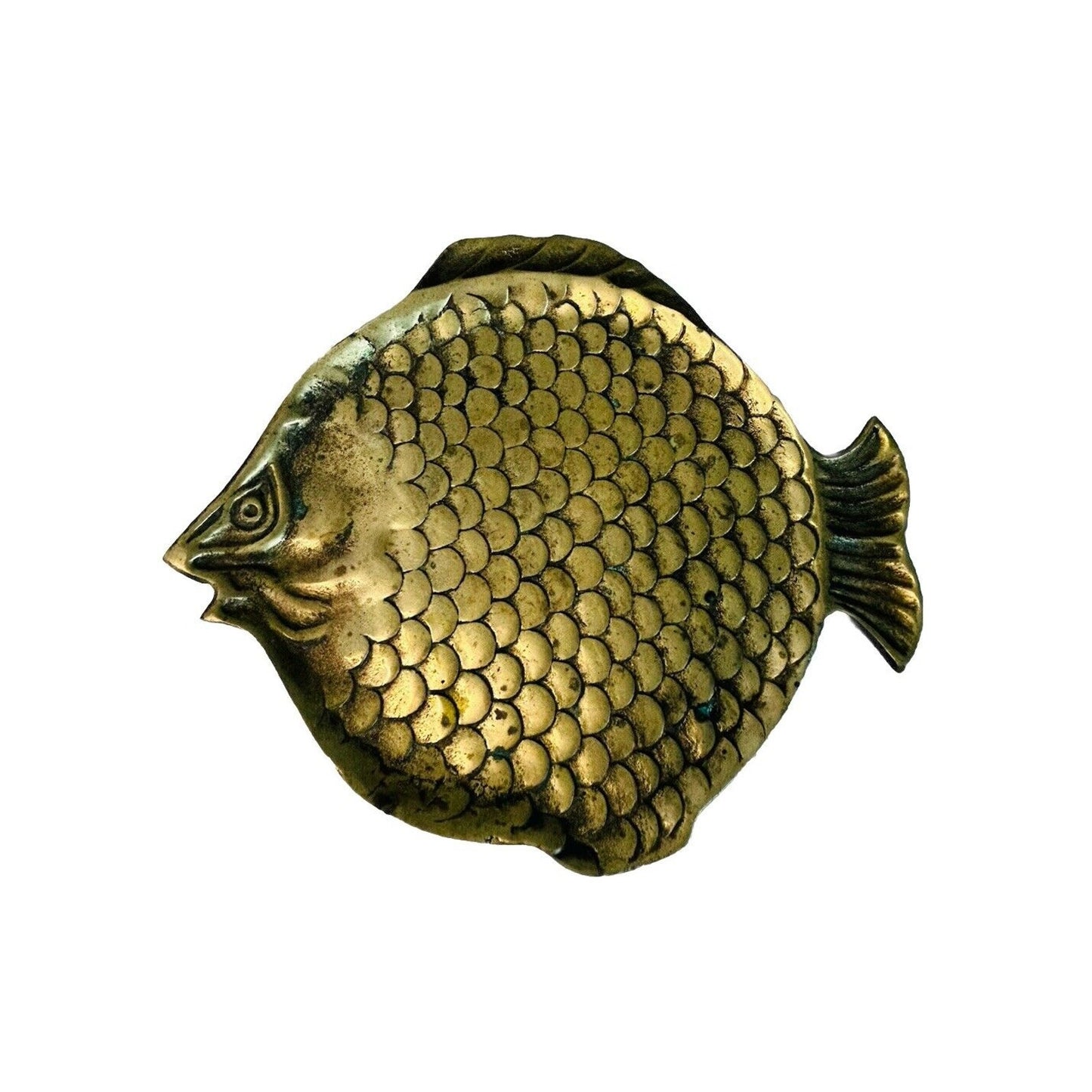 Vintage Brass Fish Shaped Trinket Dish Small Plate 8.5” Length 3D Scales Patina