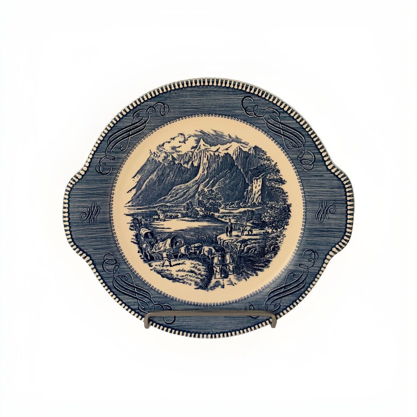 Currier & Ives Cake Plate Blue White Royal The Rocky Mountains Underglaze Print