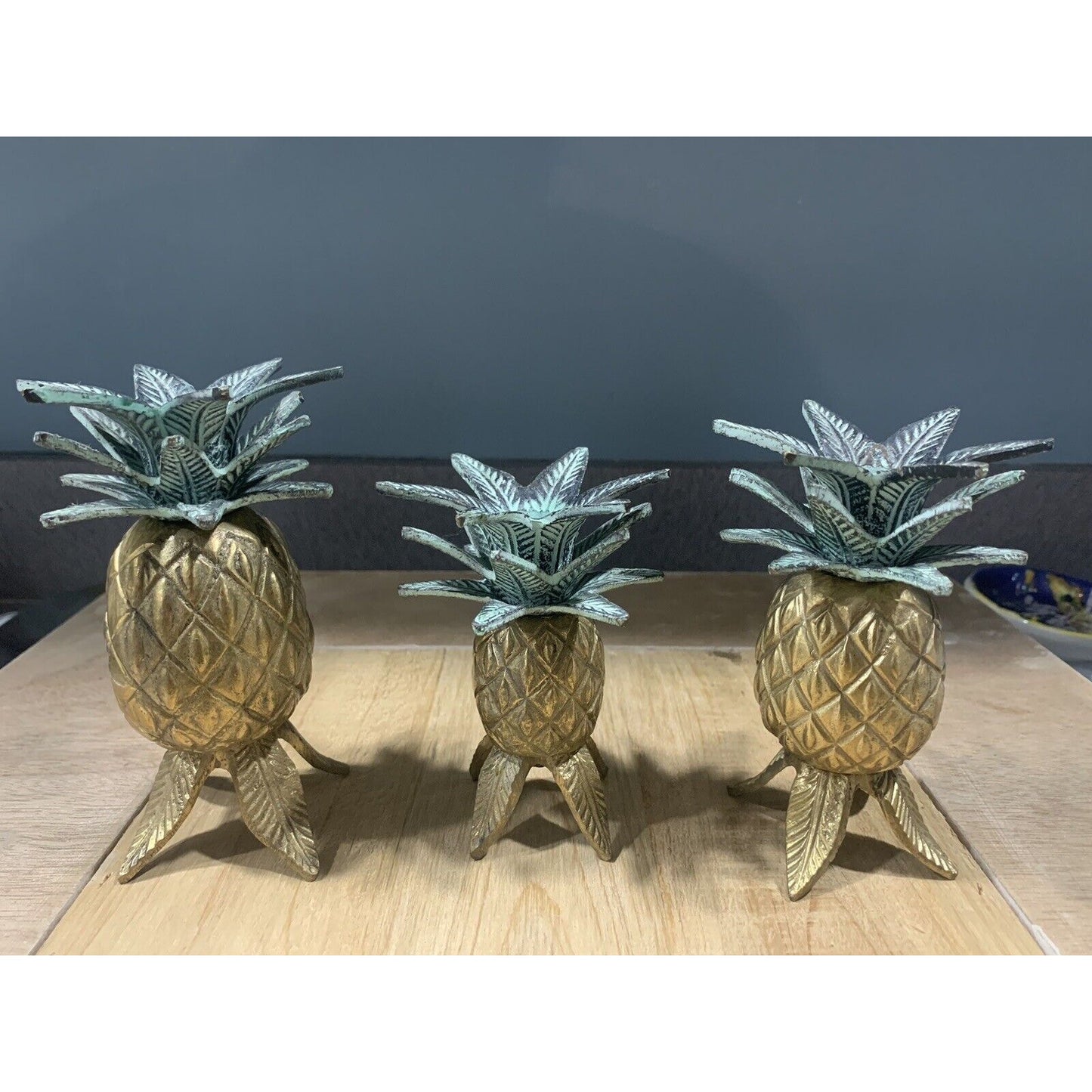 3 Vintage Heavy Antique Brass Pineapple Candlestick Holders Bohemian Retro