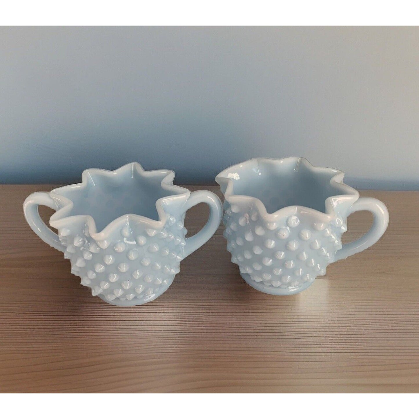 Fenton Glass Light Blue Pastel Milk Glass Hobnail Creamer Sugar Set Rare