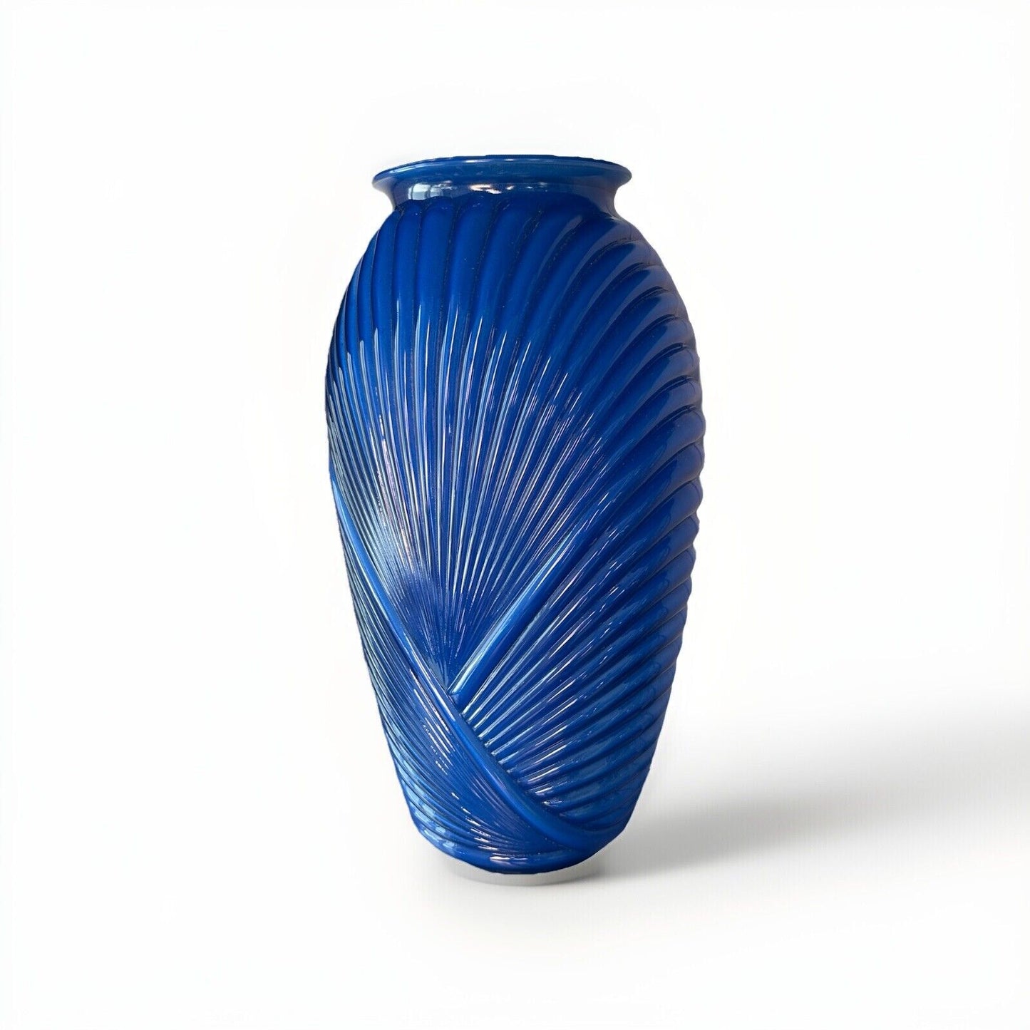 Art Deco Draped Ribbed Pleated Royal Cobalt Blue Glass Vase Vintage Iridescent