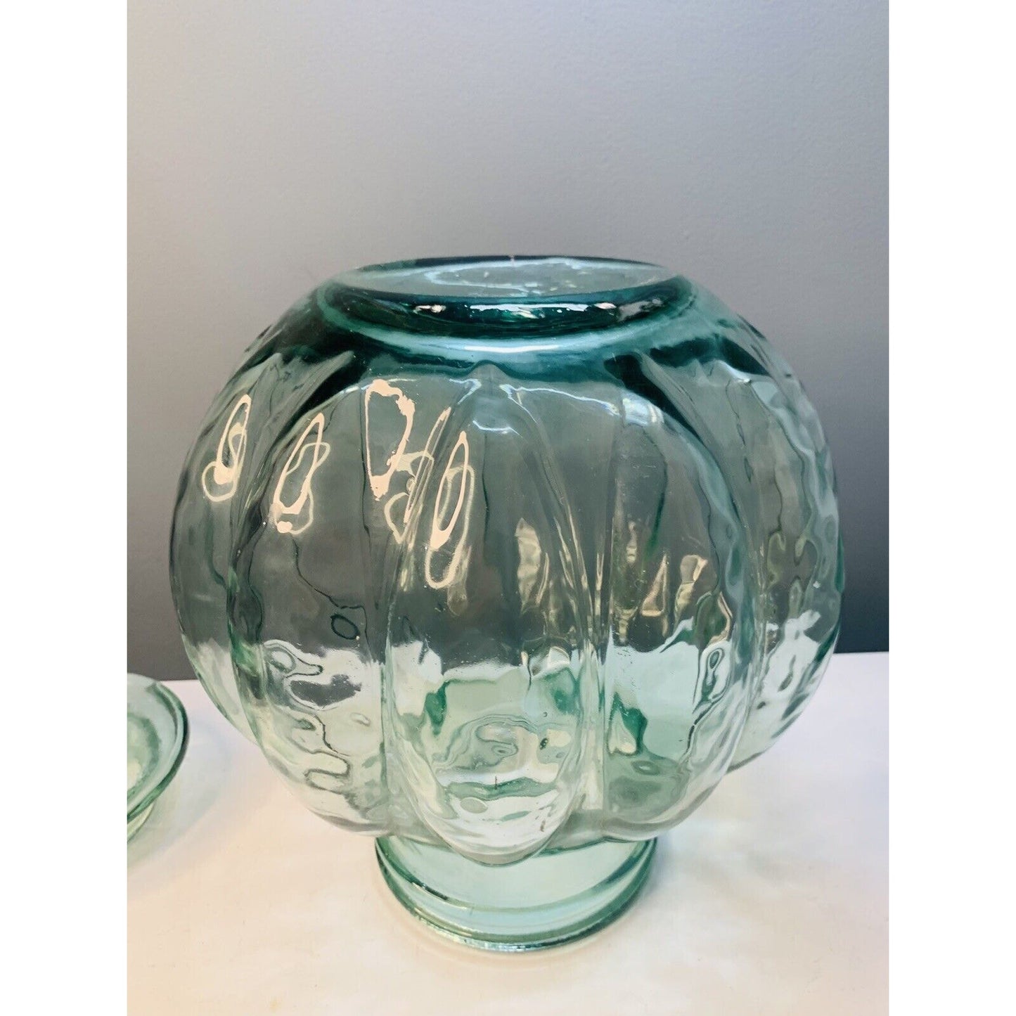 Green Glass Apothecary Jar 15” Tall Glass w/ Lid Melon Shaped Home Decor Large