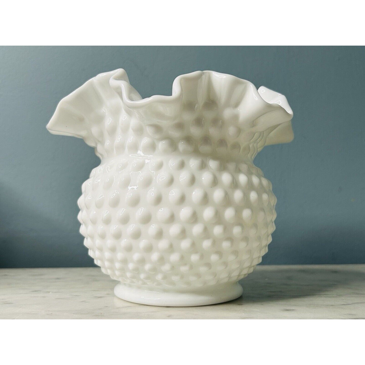 Vintage Fenton 6” Tall White Milk Glass Ruffled Edge Hobnail Bouquet Vase Bowl