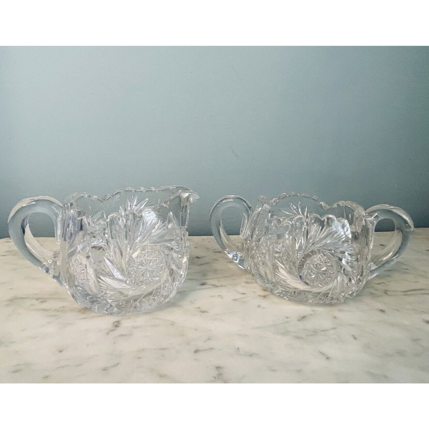 EUC American Brilliant Cut Crystal Glass Pinwheel Creamer Sugar Bowl Set ABP