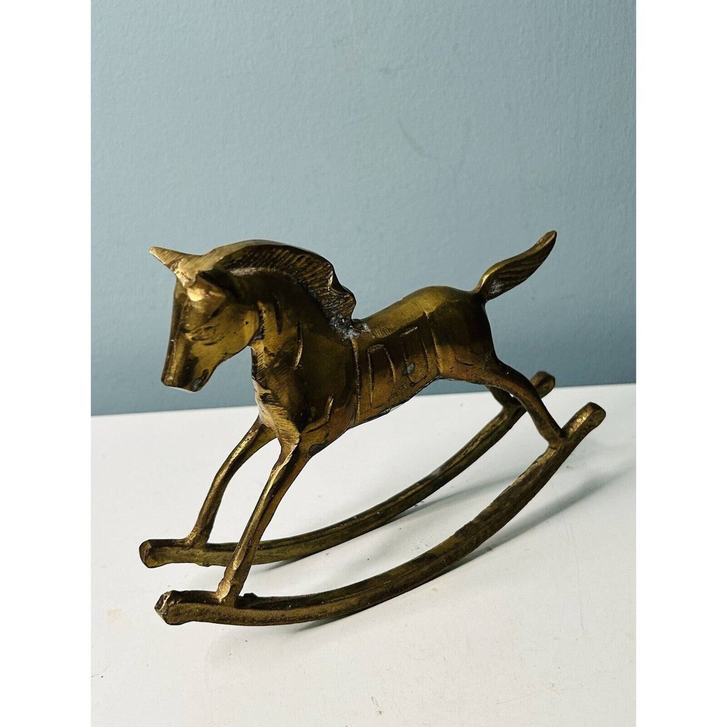 Vintage Solid Brass 6” Rocking Horse Pony Figurine Patina Hand Made Paperweight